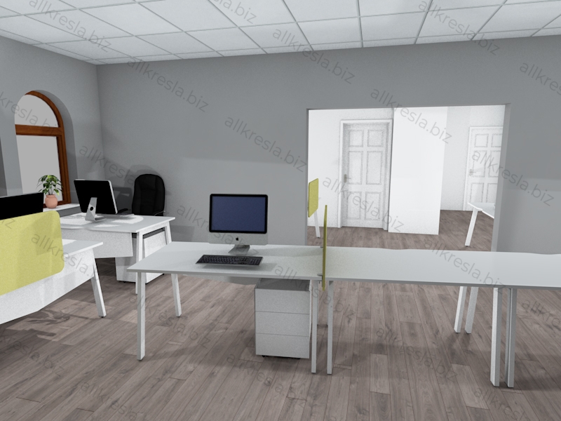Дизайн проект 180905 - Белые офисные столы с металлическими ногами и оливковыми перегородками, 5+2 рабочих мест