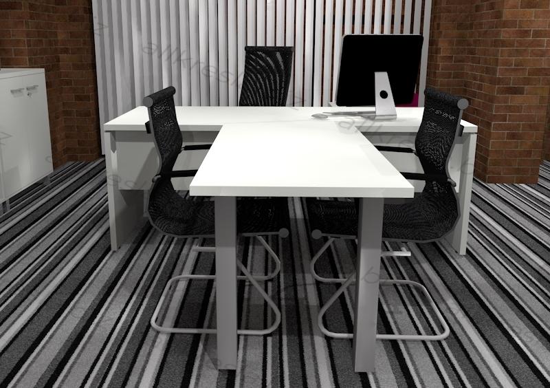 Дизайн проект. Офисная мебель ВЕГАС - белая. Стол руководителя с брифингом, шкафчики. Стены кирпич, пол серый ковролин.