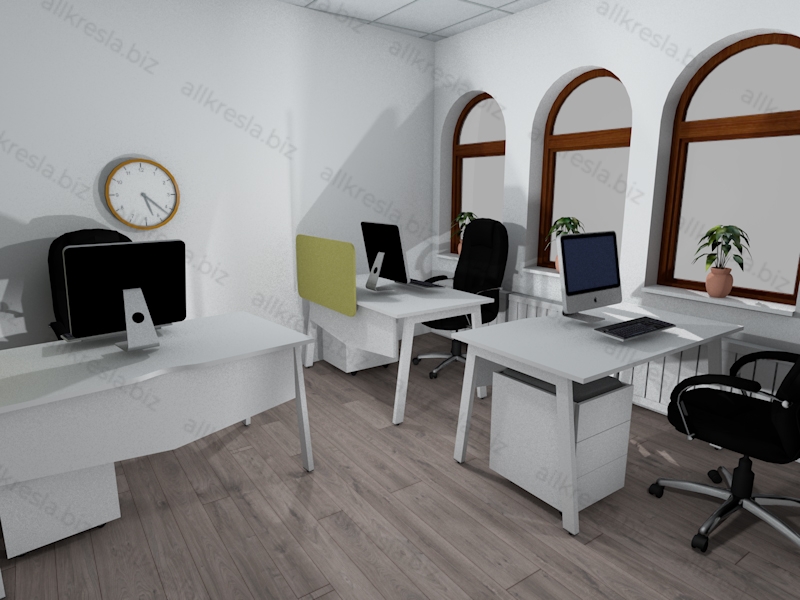 Дизайн проект 180905 - Белые офисные столы с металлическими ногами и оливковыми перегородками, 5+2 рабочих мест