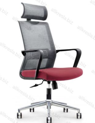 Кресло офисное / Интер / база хром / черный пластик / серая сетка / вишневая ткань