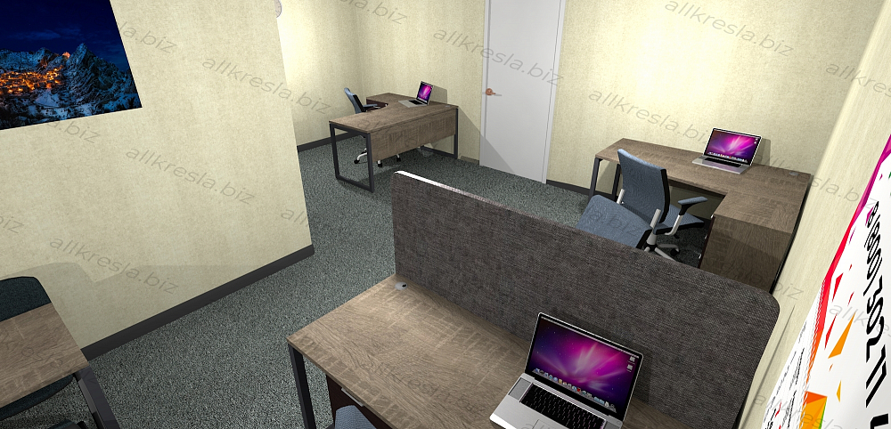 3D Проект офисной мебели XTEN Q на черных, О-образных, металлических опорах. Пол - серый ковролин. Стены - бежевые.