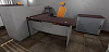 3D Проект офисной мебели OFFIX - легно темный_серые основания. Широкие эргономичные столы, перегородки и шкафы. Серые стены, кафель темно-коричневый.