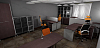 3D Проект офисной мебели OFFIX - легно темный_серые основания. Широкие эргономичные столы, перегородки и шкафы. Серые стены, кафель темно-коричневый.