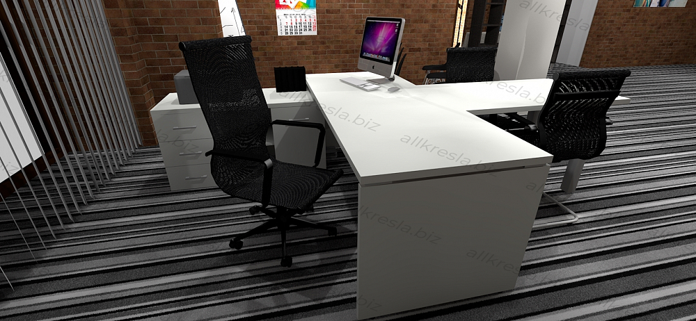 Дизайн проект. Офисная мебель ВЕГАС - белая. Стол руководителя с брифингом, шкафчики. Стены кирпич, пол серый ковролин.