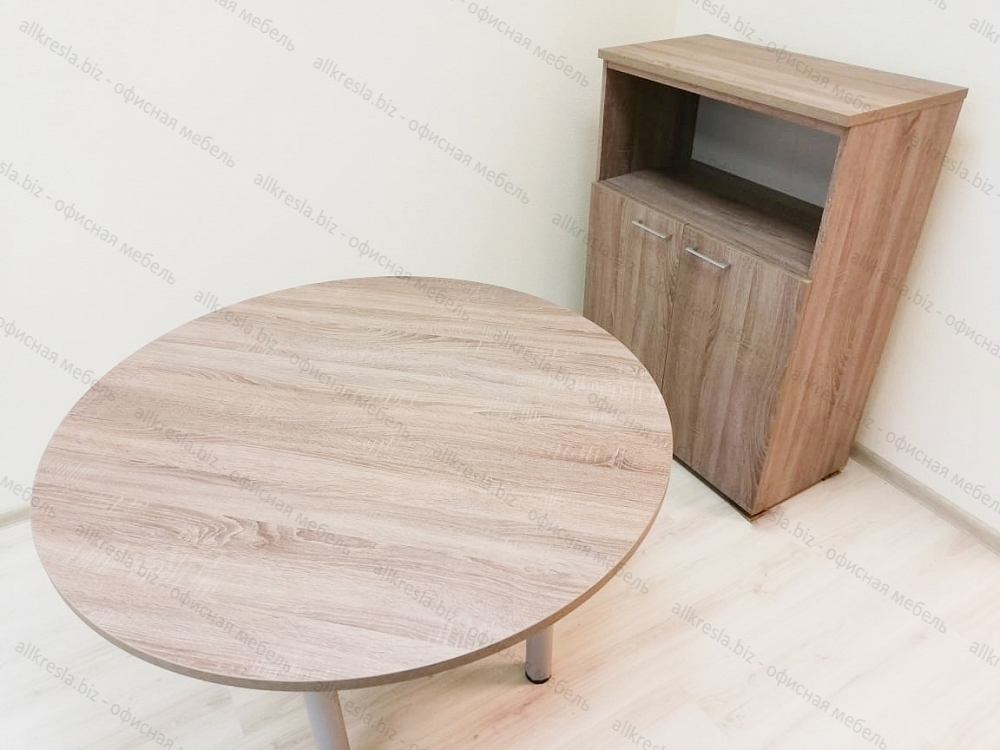Проект - офисная мебель цвет Бук и Дуб, эргономичные столы с тумбами плюс круглый стол